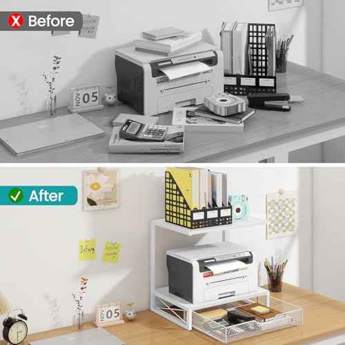 ELITEROO Printer Stand for Desk with Storage Drawer, 2 Tier Desktop or Under Desk Shelf, Wood Desk Organizer for Home Office, Fits 3D Printer, Scanner, Fax Machine, Cricut, White
