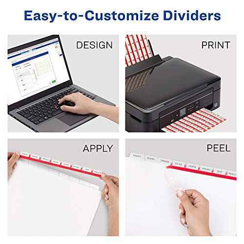 Avery 8 Tab Plastic Dividers for 3 Ring Binder, Easy Print & Apply Clear Label Strip, Index Maker Customizable Frosted White Tabs, 5 Sets (12450)