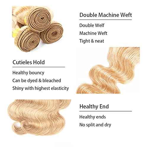 18 20 22 Inch P27/613 Highlight Blonde Bundles Human Hair Body Wave Bundles Honey Blonde Body Wave Bundle Unprocessed Brazilian Virgin Weave Hair 3 Bundle 50 Gram Per Bundle