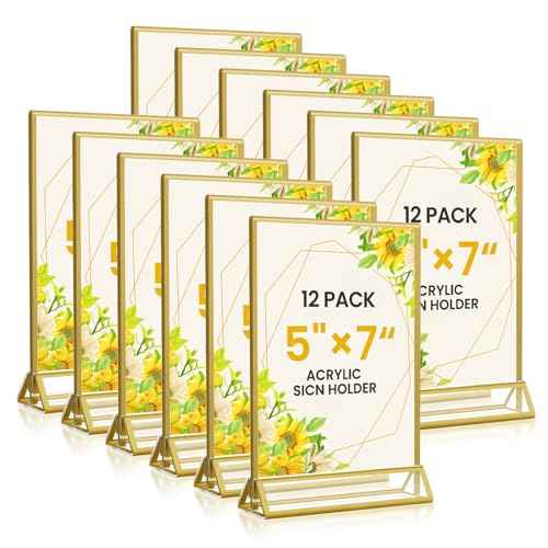 Acrylic Gold Sign Holders 5x7, 12 Pack Wedding Gold Table Number Holders, Double Sided Photo Display Picture Frame Paper Stand, Clear Flyer Stand Menu Holder for Wedding, Home, Party, Restaurant