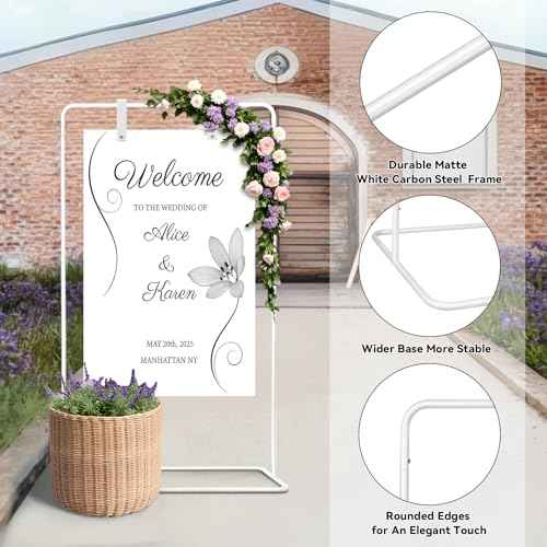 Wedding Sign Stand for Welcome Sign,Adjustable Easel Stand for Sign W/Design Bundle,Satin Ribbon,Leather Straps&Storage Bag, Wedding Sign Holder, Poster Stand for Display(White)