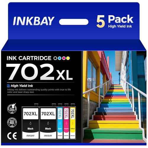 Remanufactured Ink Cartridges Replacement for 702XL T702 Ink Cartridges High Capacity Combo 5 Pack T702XL 702 to use with WF-3720 WF-3730 WF-3733 Printer Black Cyan Magenta Yellow