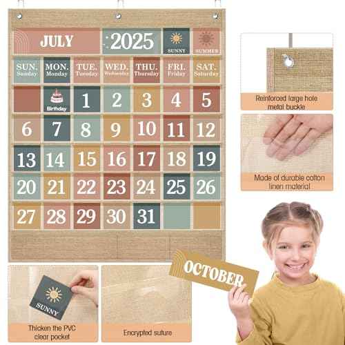 Classroom Calendar Pocket Chart Set Calendar Bulletin Board Set with Pocket Seasons Festival Weather Calendar Pocket Chart for Classroom Decoration Back to School Supplies(Modern Boho)