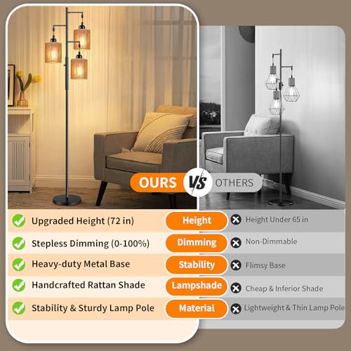 Hotsonic 72-Inch Boho Rattan Tree Floor Lamp - Black + Light Brown, Dimmable Industrial Standing Light for Living Room & Bedroom