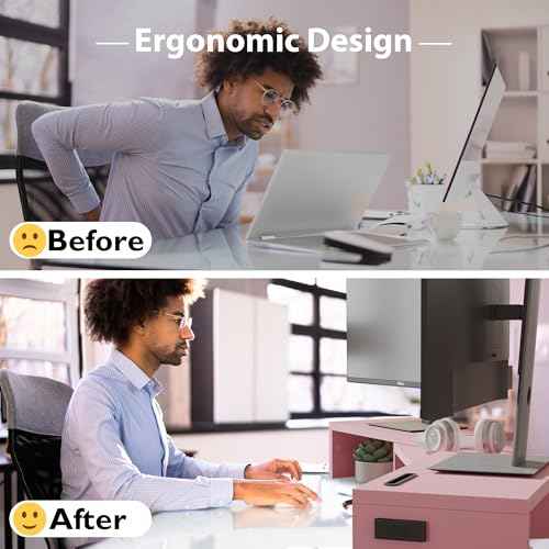 BONTEC Dual Monitor Stand Riser with Smartphone Holder, Adjustable Length & Swivel Angle, Ergonomic Wooden Desktop Organizer for PC Monitor, Laptop, Printer, Large Storage, White