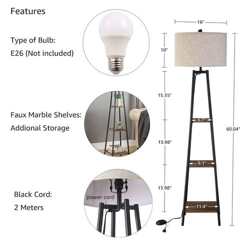 ROSEN GARDEN Floor Lamp, Standing Reading Light with Shelves and Fabric Shade, Modern Tall Pole Lamp, Accent Furniture Décor Lighting for Living Room, Bedrooms