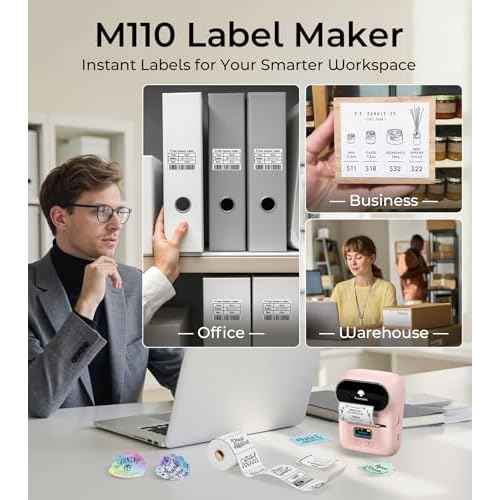 Phomemo Thermal Label Maker - M110 Barcode Label Printer Portable Bluetooth Labeler Maker Machine for for Small Business, Address, Logo, Clothing, Mailing, with 40x30mm Label, Pink