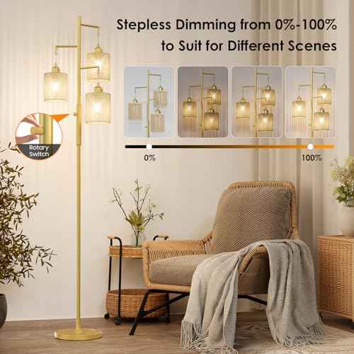 Hotsonic 72" Tall Boho Floor Lamp, Dimmable Standing Lamp with Handcrafted Rattan Beige Shade, Industrial Tree Floor Lamps for Living Room, Bedroom, Study Room, Office(3x800LM LED Bulbs Included)-Gold