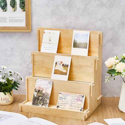 Barydat 2 Pcs 3 Tiered Greeting Card Display Stand Wooden Organizer Racks for Sticker Craft Brochure Table Tabletop Vendors Retail Counter Trade Shows Showcase