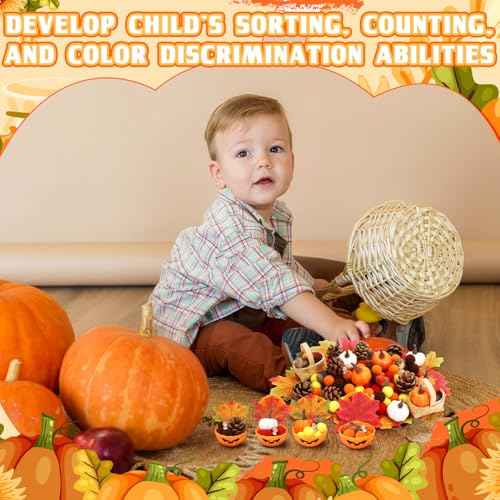320 Pcs Fine Motor Toys Fall Thanksgiving Decorations, Sensory Bin Filler, Pumpkin Bowls, Woven Baskets, Pompom, Maple Leaves, Squirrels, Pumpkins, Acorns, Pine Cones for Autumn Party Decor