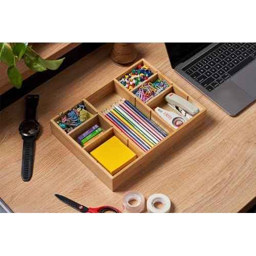 Umilife Desk Drawer Organizer, Bamboo Wood Organizer Tray with Adjustable Compartments, Office Desk Accessories Supplies Organization Storage, 12" x 9"