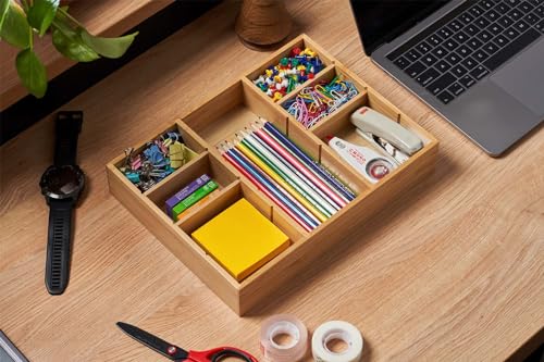 Umilife Bamboo Desk Drawer Organizer 12x9 Inches with Adjustable Dividers