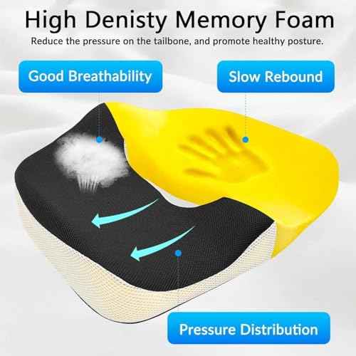Seat Cushion for Office Chair & Car, Memory Foam Coccyx Cushion for Tailbone Pain Relief, Ergonomic Chair Pad with Non-Slip Cover & Handle, Sciatica Cushion for Office, Gaming Chair, Wheelchair
