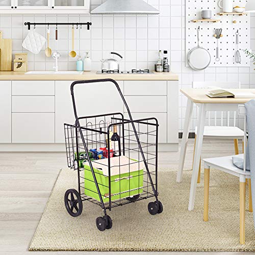 Black Folding Shopping Cart, WATERJOY Mobile Fold Shop Basket with Dual Swivel Wheels Portable Rolling Trolley Push Cart