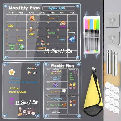 MIKEDE Fridge Calendar, 3 Pack Magnetic Calendar for Refrigerator, Clear Acrylic Dry Erase Board Whiteboard Magnetic Planning Boards Set, Includes 6 Colors Markers, Magnet Pen Holder, Towel
