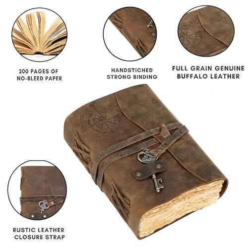 cuero Compass Vintage Leather Journal Antique Handmade Leather Bound Journal with Deckle Edge Paper Diary Leather Sketchbook Drawing Journal Notebook Great Gift Men & Women (Tawny Brown, 8X10 Inch)