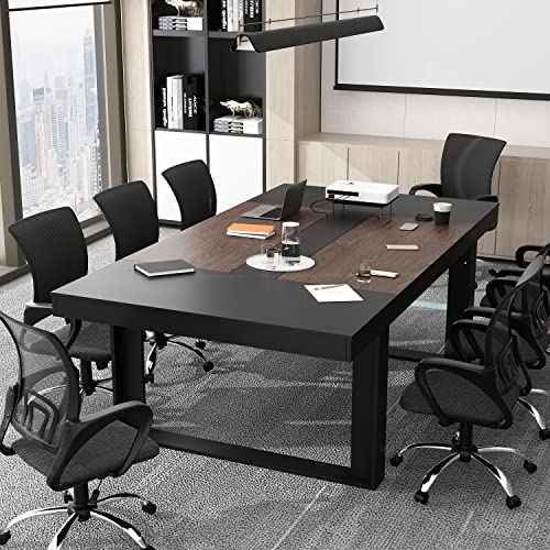 ECACAD 7FT Conference Table for 6-8 People, Large Rectangular Meeting Table, Modern Seminar Table for Office Meeting Conference Room, Black and Deep Brown (86.8¡±L x 47.2¡±W x 29.4¡±H)