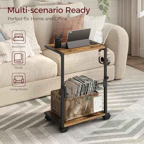 PC Stand with Charging Station, Height Adjustable Computer Tower Stand, 19.7"-31.5" H, Computer Cart with Wheels and Hooks, CPU Holder for Floor, Carpet and Under Desk, Rustic Brown