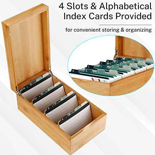 MaxGear Index Card Holder, 3 x 5 Inch Business Card Organizer for Desk with 4 Dividers, Bamboo Index Cards Box with A-Z Tabs Holds 600 Cards for Recipe Flash Storage