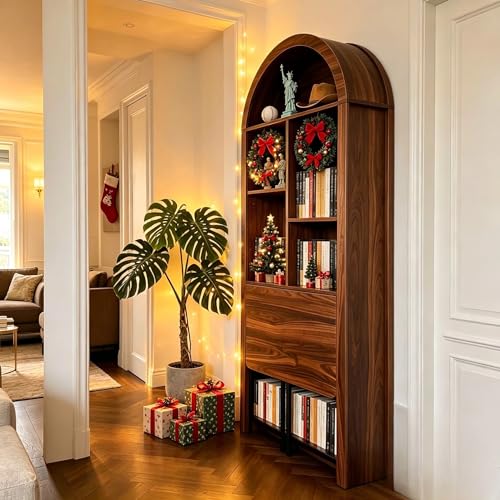 JIJIWANG 70.8-Inch Walnut Arched Folding Desk with Bookcase Storage for Small Spaces