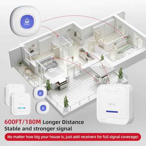 CallToU Wireless Caregiver Pager Call Button, Elderly Monitoring System Call Bell for Home/Personal Attention Pager 600ft Range, 55 Ringtone with 2 Alert Button and 2 Receivers