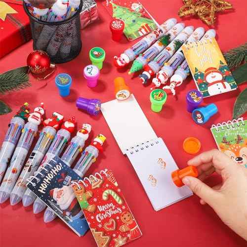 Aodaer 90 Pieces 10 in 1 Christmas Ballpoint Pen Stamps Mini Spiral Notebooks Kit, Multicolor Retractable Ballpoint Pens Xmas Stampers Notepads for Christmas Student Teacher Gifts Party Favors