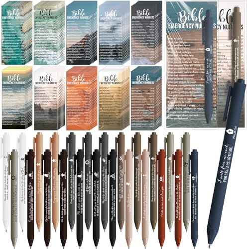 200 Set Christian Church Gifts 200 Bible Verse Pens Bulk 200 Bible Emergency Numbers Bookmarks Religious Pens Church Visitors Gifts for Men Women(Natural Colors,Scenery Style)
