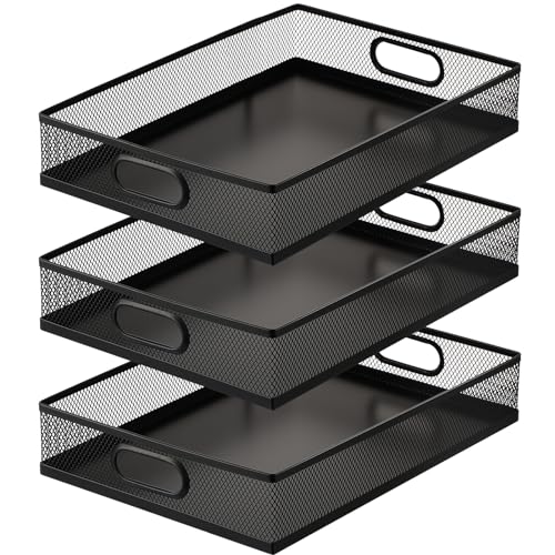 Tandefio 3 Pcs Desk Drawer Organizer Bulk Metal Mesh Trays A4 Large Desktop Storage Box Portable Wire File Basket with Handle for Office Supplies Craft Magazine Paper 12.87" x 9" x 2.4"(Black)