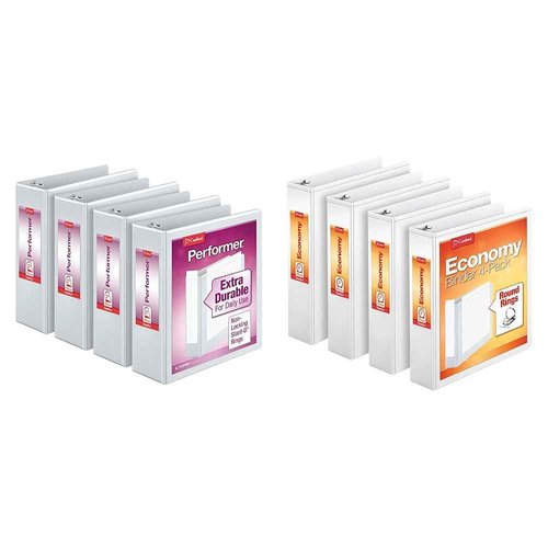 Cardinal Performer 3-Ring Binders, 3", Non-Locking Slant-D Rings, White, 4-Pack & Economy 3 Ring Binder, 2 Inch, Presentation View, White, Holds 475 Sheets, Nonstick, PVC Free, 4 Pack of Binders