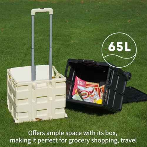 Folding Utility Shopping Cart,Rolling Plastic Cart with 2 Wheels and Lid,Large Capacity Collapsible Shopping Trolley for Home,Shop