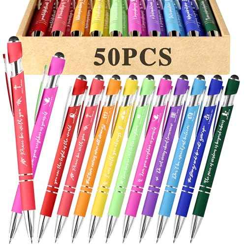 Christian Pens 2-in-1 Stylus & Bible Verse Pens, Black Ink, 50-Pack, Modern, Unisex, Office, Medium Point, Aluminum, Rainbow Theme, Retractable, Smooth Grip, Adult, Note Taking & Writing