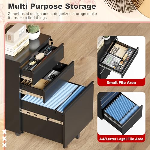 Superday Black 3-Drawer Lockable Mobile File Cabinet with Wheels - Fully Assembled Under-Desk Vertical Office Cabinet (Black / Vertical File Cabinet - 3 Drawer)