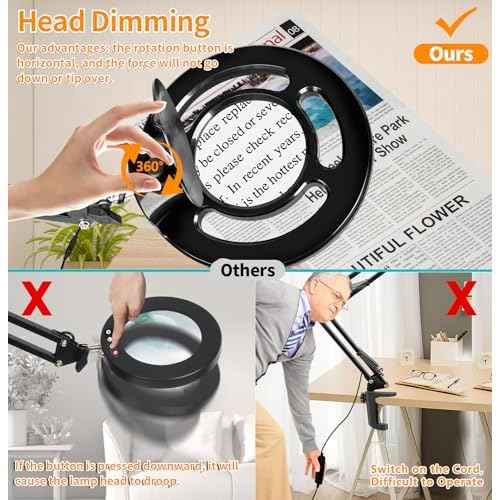 HITTI 10X Long Magnifying Glass with Light and Stand, 2200 Lumens Dimmable Bright LED Lighted Magnifier, Ajustable Swing Arm Magnifying Desk Lamp with Clamp, Hands Free for Hobby Repair Workbench