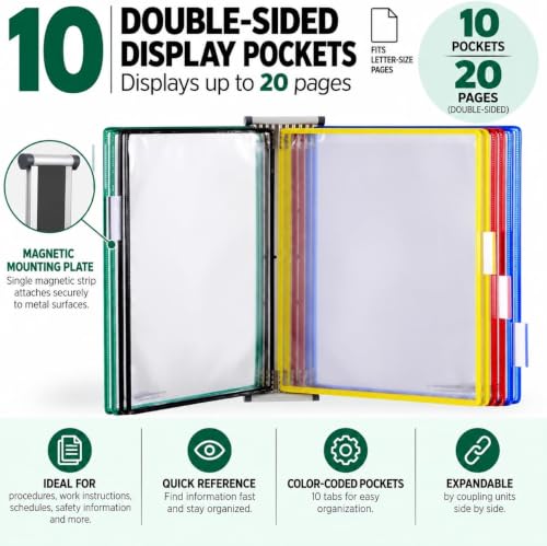 Magnetic Wall Mount Document Organizer with 10 Pockets for Office & Commercial Use