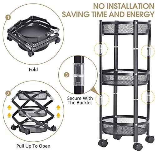 TOOLF 3-Tier Foldable Rolling Cart, Collapsible Metal Utility Cart with Wheels, Assembly-Free, Round Storage Organizer Trolley for Kitchen, Bathroom, Dorm, Nursery, Black