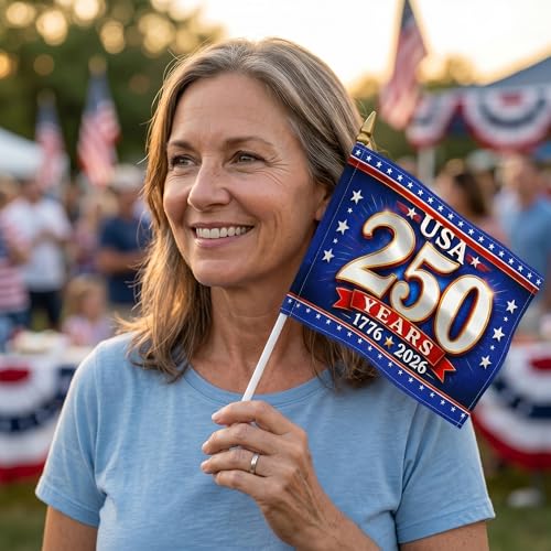 250th Anniversary USA Map Mini Flags 12 Pack Royal Blue & Red 5x8in - Hand Held Parade Flags