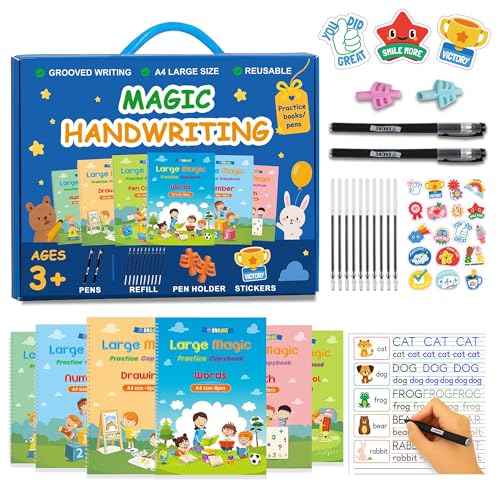 Large Magic Practice Copybook for Kids,Handwriting Grooved Practice Book 6 Pack with Pen Refill English Cursive Calligraphy Reusable Age 3-8£¨A4 Size£©
