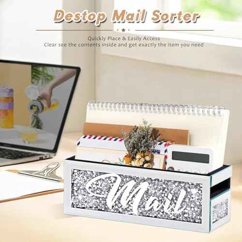 Crushed Diamond Mail Organizer, Crystal Mail Organizer Countertop, Mirror Letter Holder, Mail Tray, Mail Holder Box for Desk, Mail Holder for Wall
