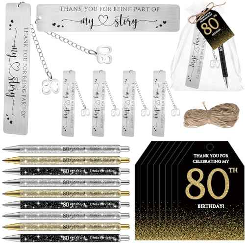 24 Set 80th Birthday Favors for Guests Anniversary Party Favor Thanks for Coming Glitter Ballpoint Pen Bookmark Thank You Card Organza Bag for Adult Appreciation Souvenir Birthday Gift(80th)
