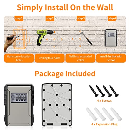 Fayleeko UPGRADE Extra Large Capacity Key Lock Box – Weatherproof Wall Mount Key Safe Grey