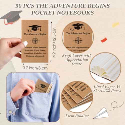 150 Pcs Class of 2025 Graduation Gifts Bulk Inspirational Pocket Kraft Notebooks and Ballpoint Pens with Wooden Keychains Graduation Party Favors for Daughter Son College Senior Students