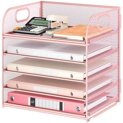 5 Tray Paper Organizer Letter Tray with Handle - Mesh Desk File Organizer, Paper Sorter Organizer for Office, Home or School File Folder Holder - Pink