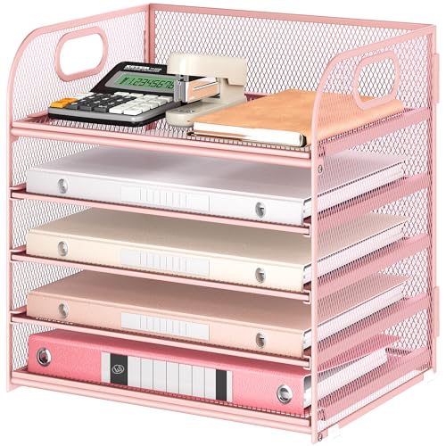 Lavatino 5-Tier Pink Mesh Letter Tray Organizer with Handles - Desktop File Storage