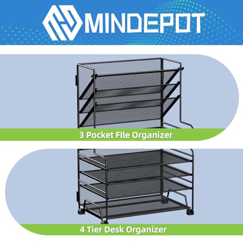MINDEPOT 4-Tier Desk Paper Organizer with 3-Pocket File Holder - Black (No Drawer & Pen Holders)