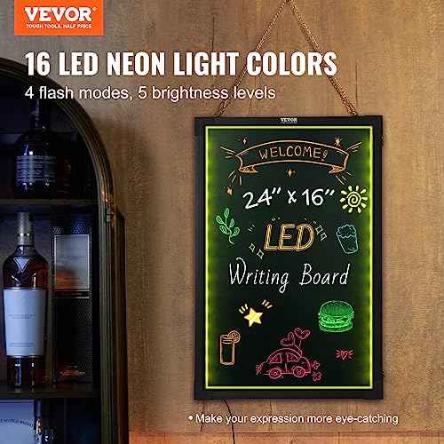 VEVOR LED Message Writing Board, 24"x16" Illuminated Erasable Lighted Chalkboard, Neon Effect Menu Sign Board, Drawing Board with 8 Fluorescent Chalk Markers and Remote Control, for Home Wedding Shop