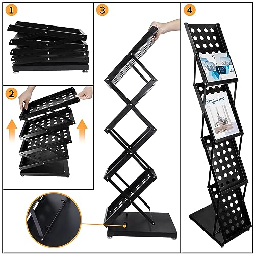 4 Pocket Folding Metal Black Literature Rack with Case Brochure Stand for Trade Show Exhibition Office Retail