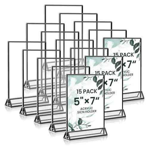 15 Pack Acrylic Sign Holder 5x7, Wedding Black Frame Table Number Holders Vertical, Clear Picture Frames Flyer Stands Tables Menu Holder, Double Photo Paper Display Holder for Party, Home, Office