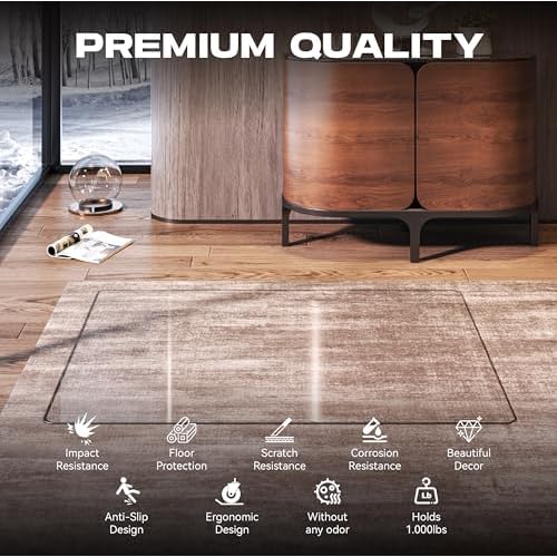 Tempered Glass 40" x 30" Round Corner Glass Chair Mat with Polished Edge, Heavy Duty Hard Clear Office Chair Mat, Transparent, Glides Smoothly, Easy Clean, Suitable for Carpet Hardwood Floors