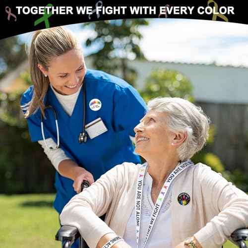 1140 Pcs Cancer Awareness Set Colorful Ribbon Lung Breast Cancer Awareness Items Include Lanyards Keychains Stickers Buttons Stress Balls Pens Silicone Bracelets Rubber Ducks