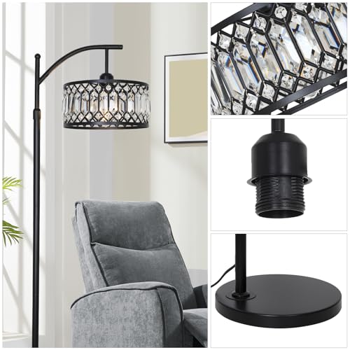 Crystal Floor Lamps for Living Room, Modern Arc Floor Lamp, Black Standing Lamp with Edison Bulb, Height Adjustable Tall Lamp for Bedroom, Corner Stand Up Lamp for Office, Arched Reading Light